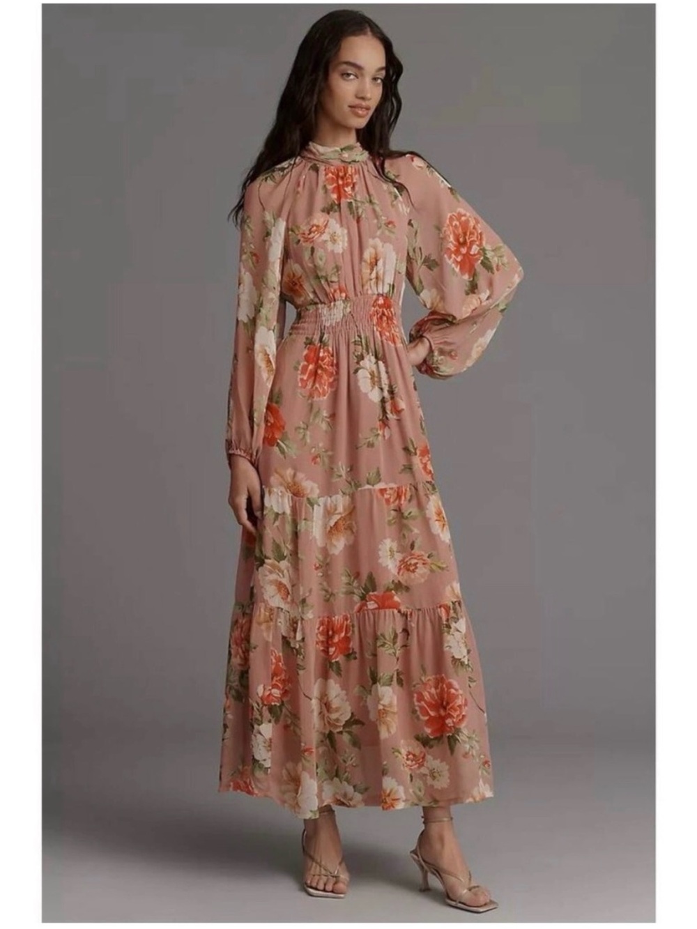 Anthropologie Somerset Pink Floral Mock Neck Chiffon Maxi Dress XL